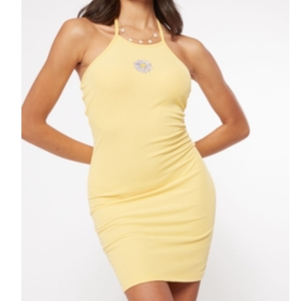 Yellow Embroidered Daisy High Neck Bodycon Dress